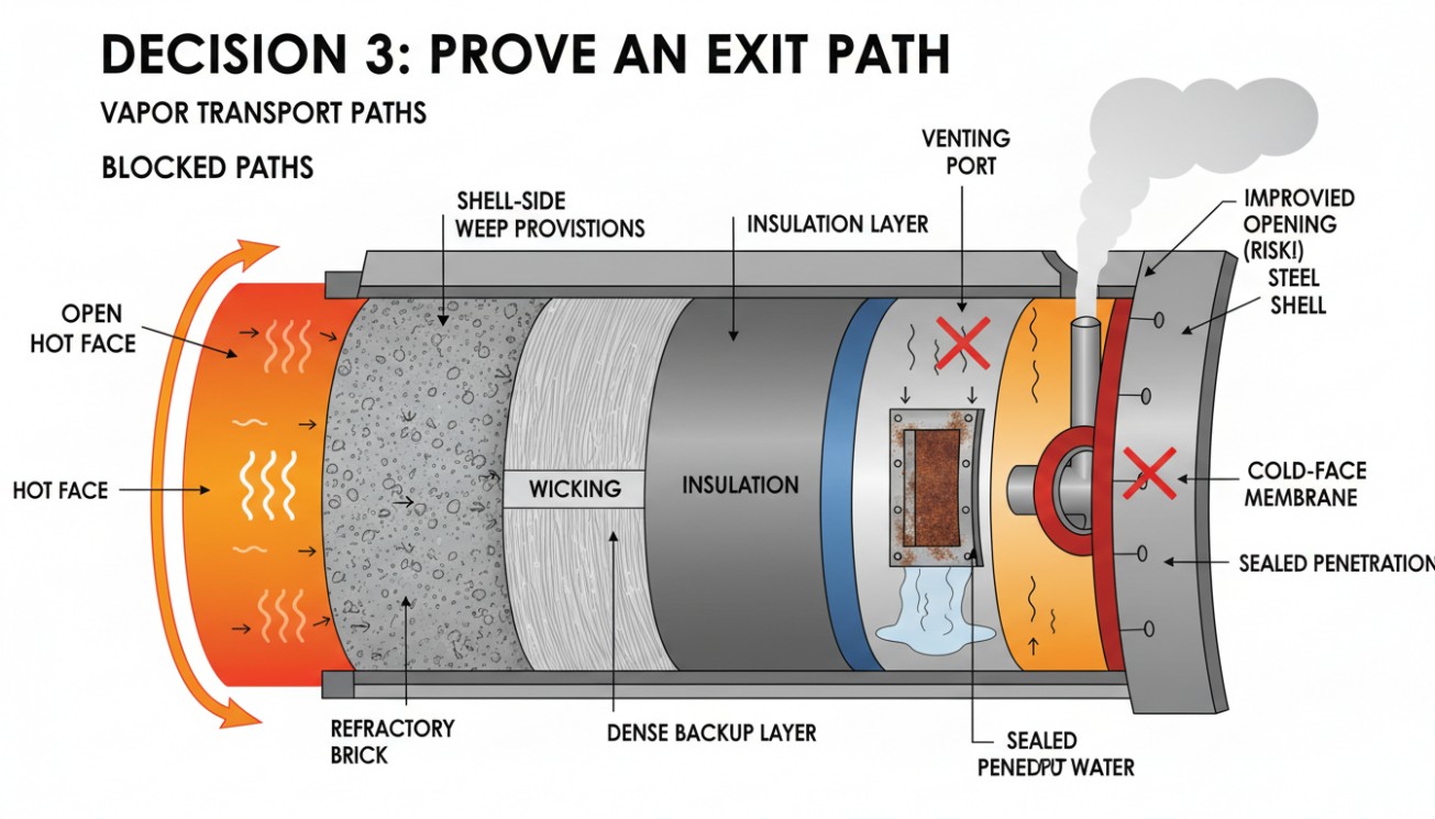 Refractory lining cross-section showing vapor exit paths, wicking, weep provisions, and blocked cold-face routes